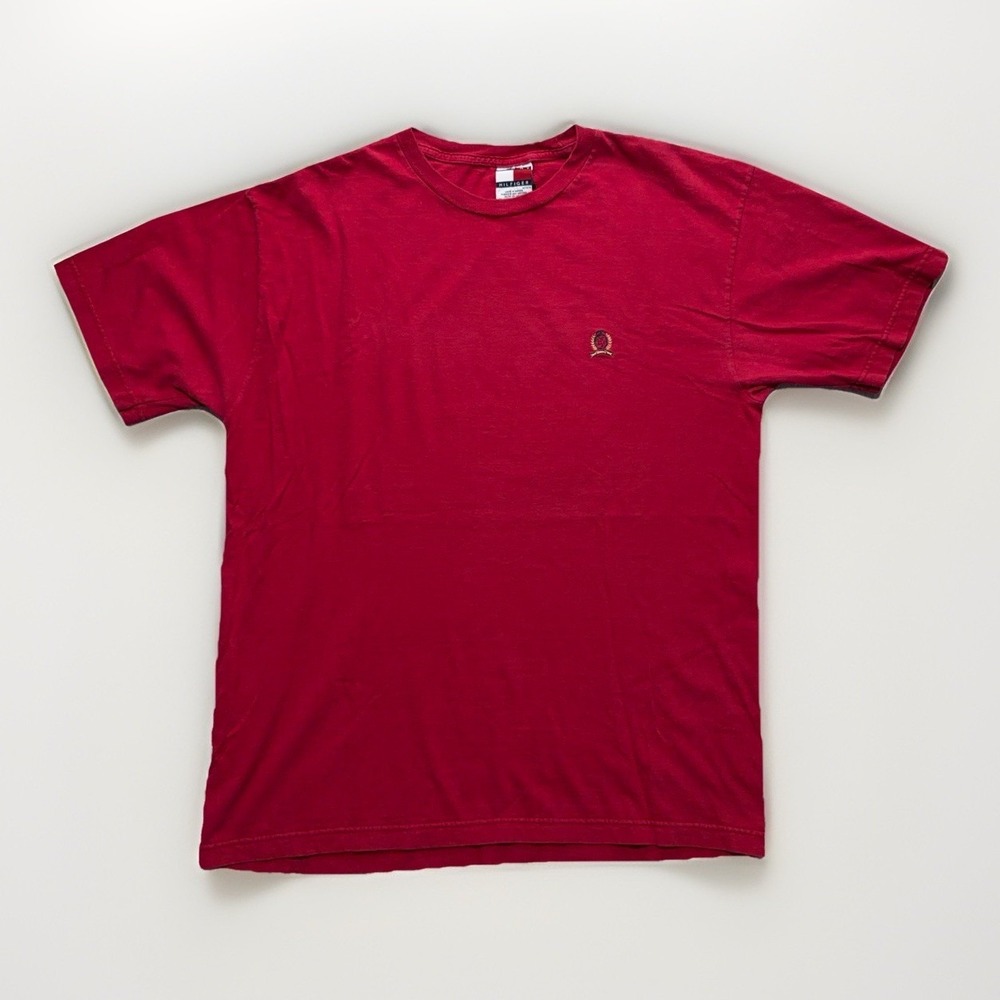 Vintage Tommy Hilfiger Shirt M Red Embroidered Crest 90s Minimalist Distressed